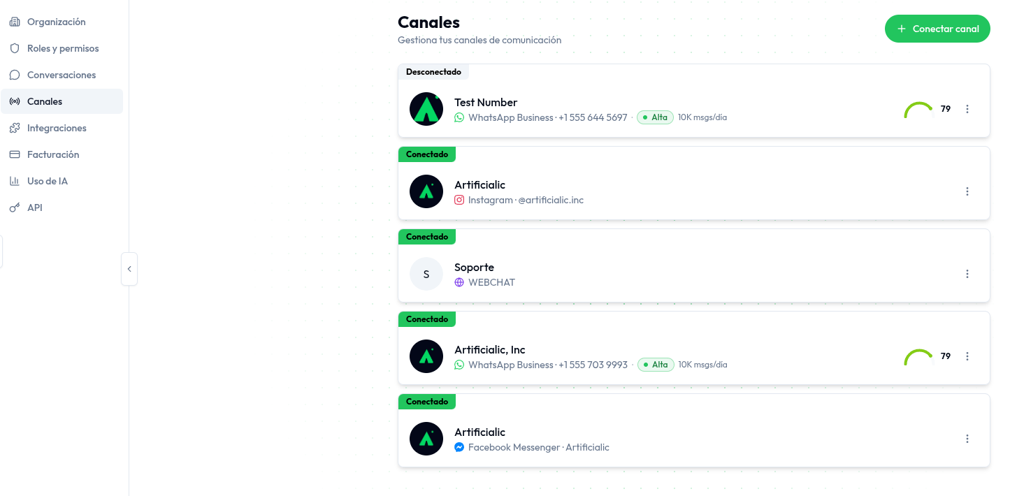Listado de canales conectados (WhatsApp, Instagram, Messenger, Web Chat) con su estado, calidad y salud