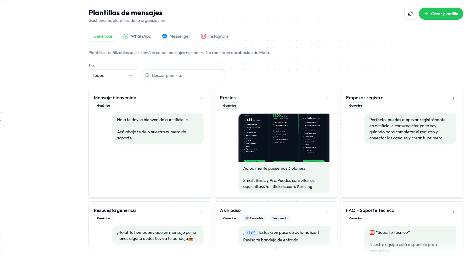 Listado de plantillas con las pestañas por canal: Genéricas, WhatsApp, Messenger e Instagram