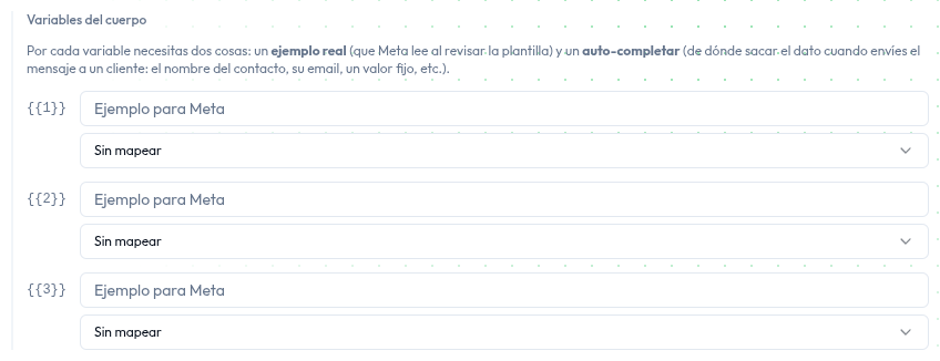 Sección «Variables del cuerpo»: por cada variable, un campo «Ejemplo para Meta» y un selector «Sin mapear» para auto-completar